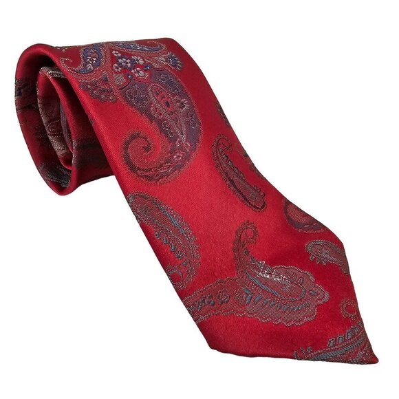 John Weitz Vintage Tie 4"W Blue Gold Aqua Paisley on Red Poly Silk Blend 90s - Picture 1 of 10
